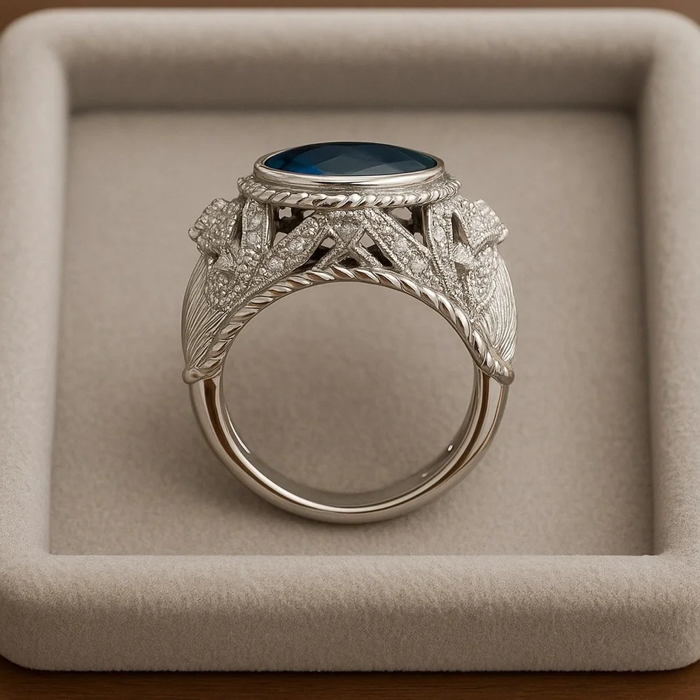 Judith Ripka London Blue Topaz Sterling Silver 925 Rope & Leaf Ring EC 8 #329 - Picture 2 of 12